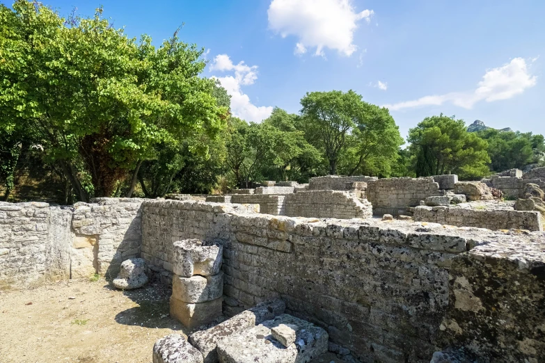 a group of ancient stone structures surrounded by trees