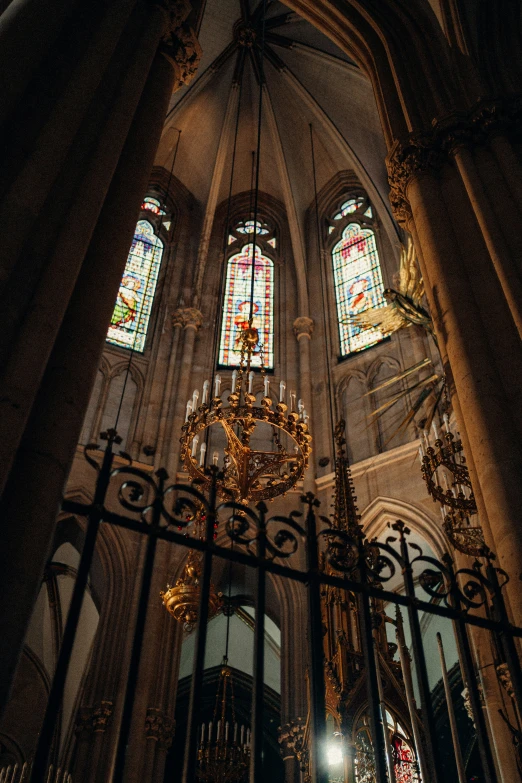 a fancy iron gate and chandelier in a church