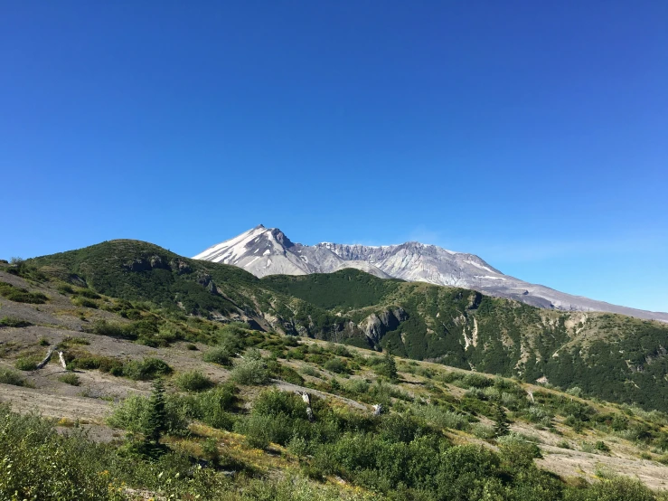 two mountains covered with vegetation and snow in the distance