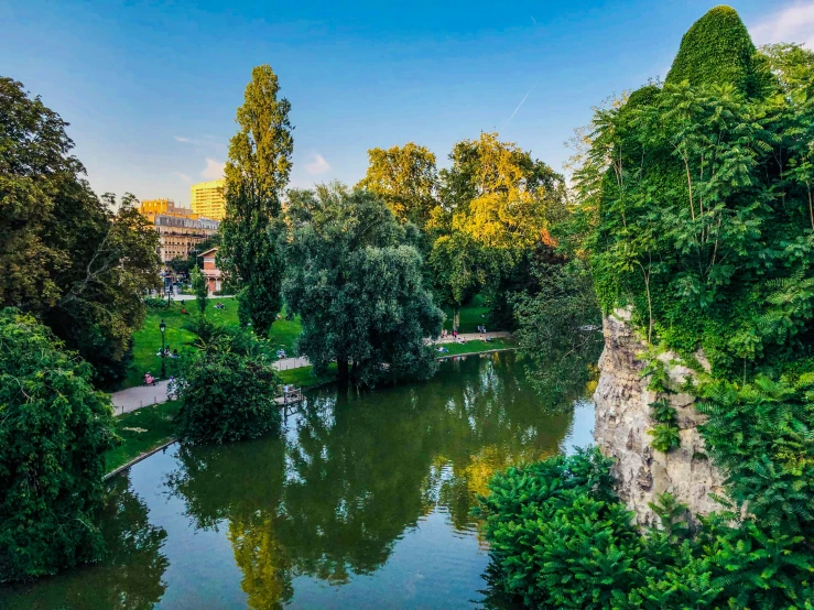 a large body of water surrounded by trees