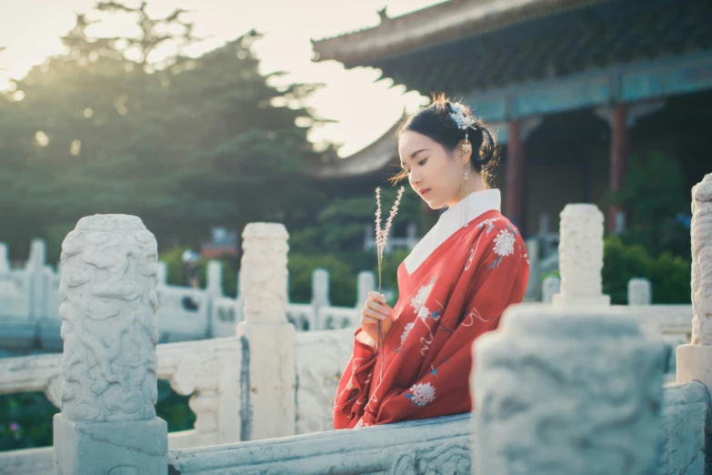 woman in red kimono standing next to marble fence