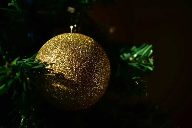 a shiny ornament hangs from a tree in front of a dark background