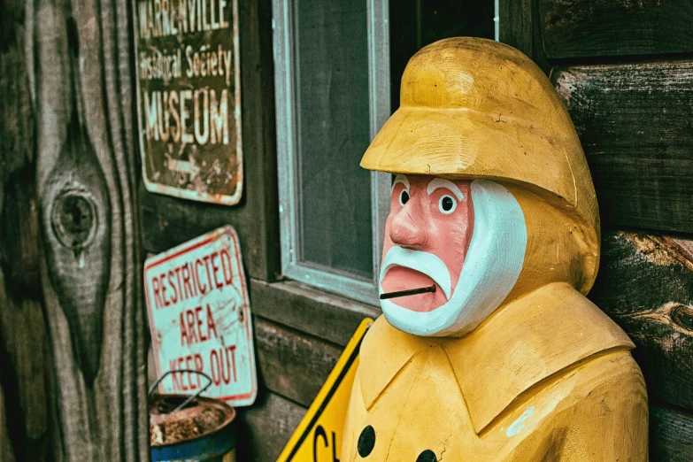 an animated figure wearing a yellow coat next to a building