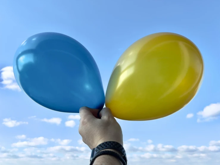 someone holding two blue and yellow balloons in the sky