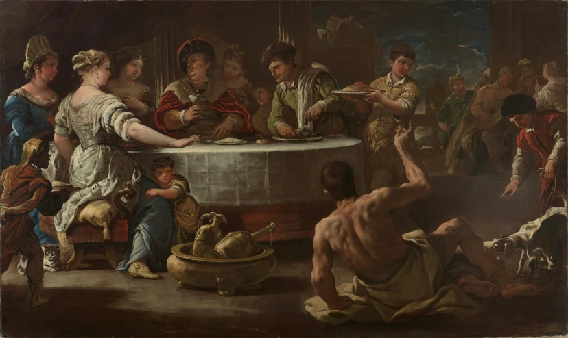 a painting of a group of people sitting around a table