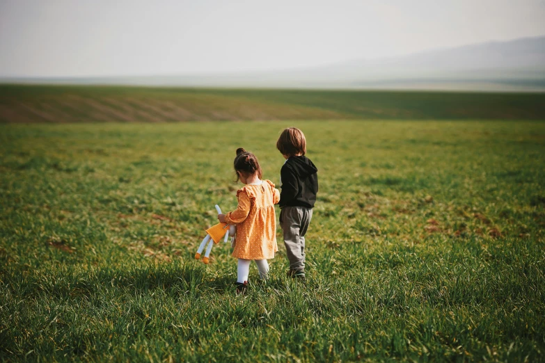 two s standing on grass and looking at soing