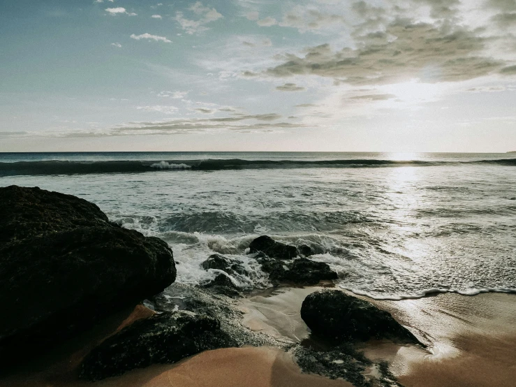 a lone bird sitting on the rocks at the beach