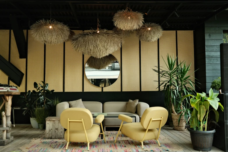 a living room with lots of plants and chairs