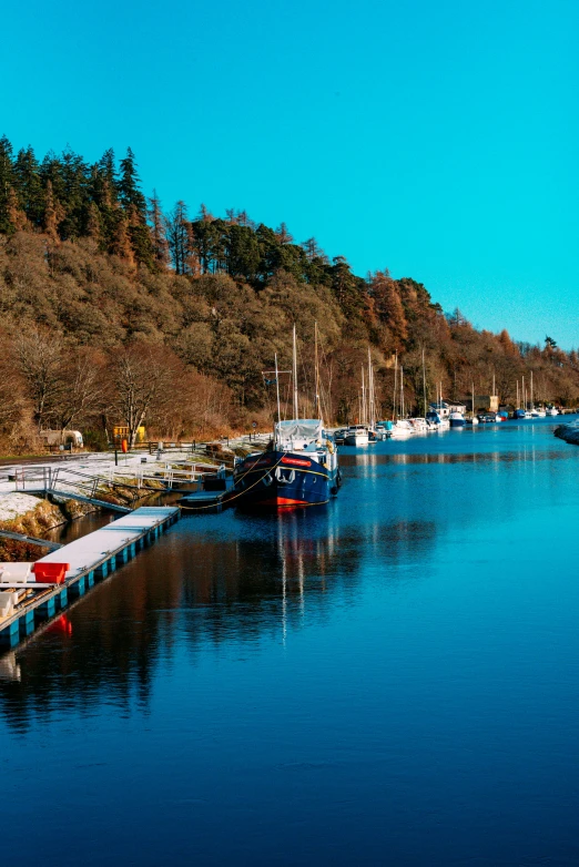 many boats are docked in the calm waters