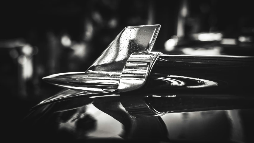 the hood ornament on a classic car parked on the street