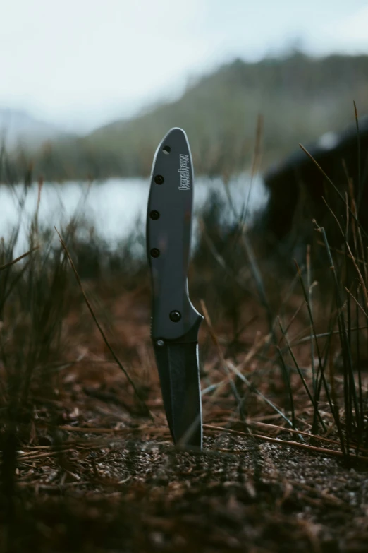 a knife is poking out of the ground in some grass