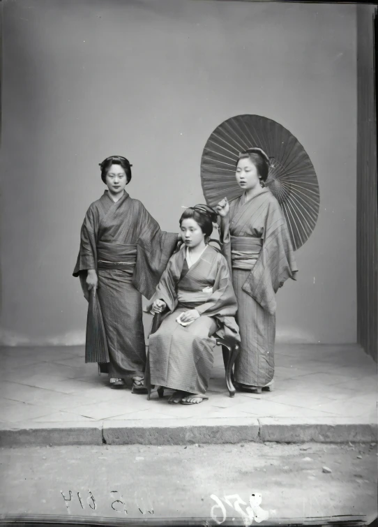black and white pograph of three asian women