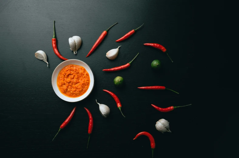 chili paste in a bowl with red peppers and garlic