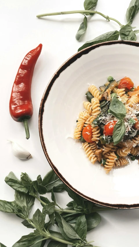 some pasta with tomato and spinach on a plate