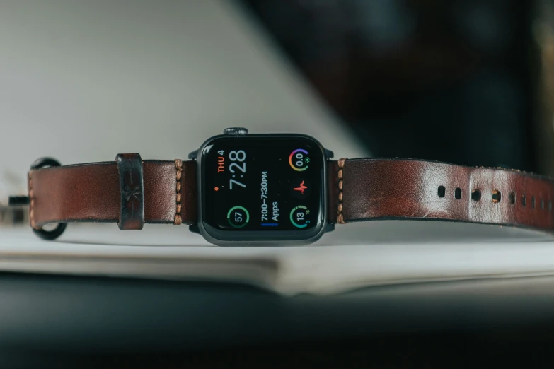 a close up of an apple watch on a desk