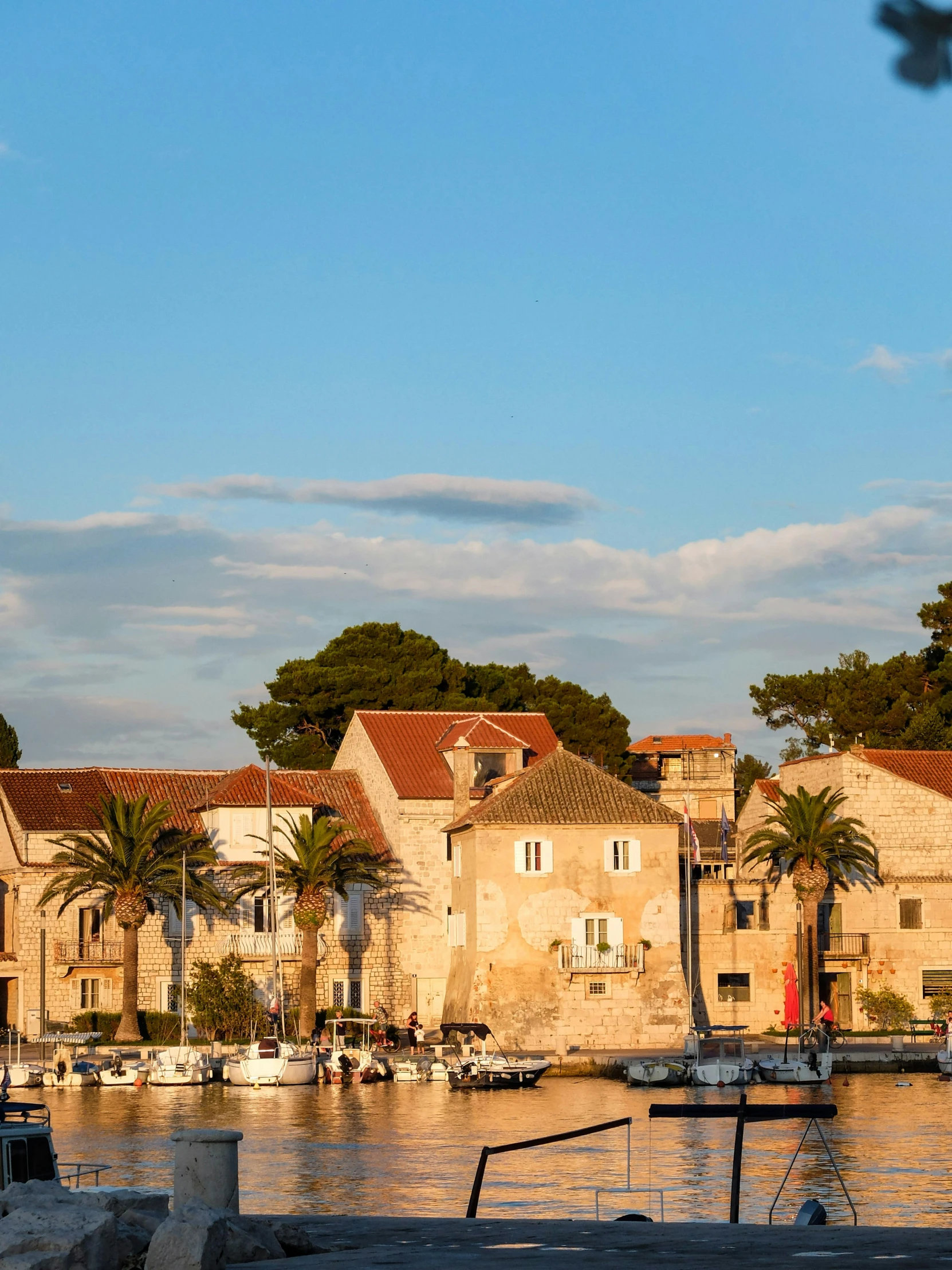 boats on the water in front of buildings and palm trees