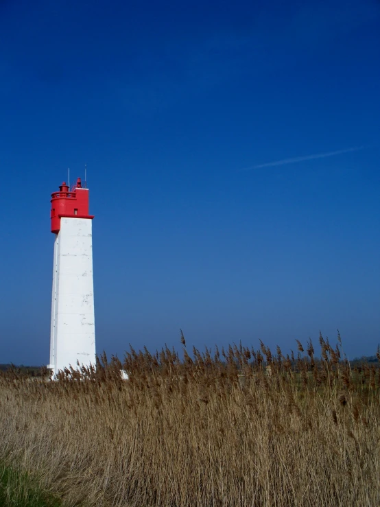 a light house stands in the middle of a dry grass field