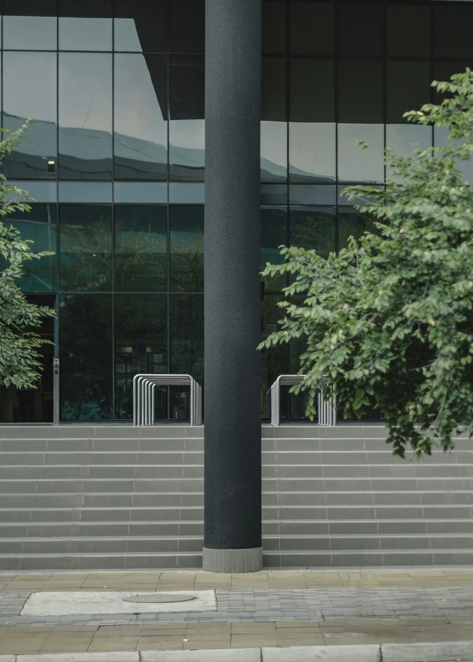 there are some trees and a cement staircase in front of a building