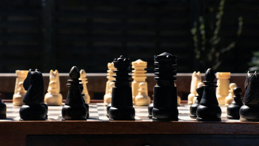 a close up view of the black and white pieces of chess