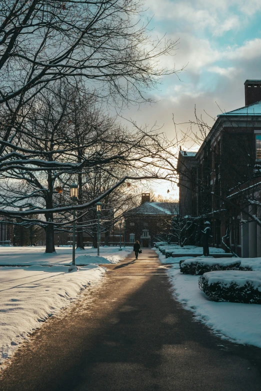 a street that has snow on the ground and buildings