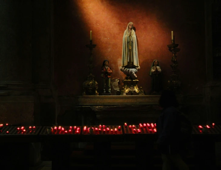 a man sitting in the middle of some candles on a church