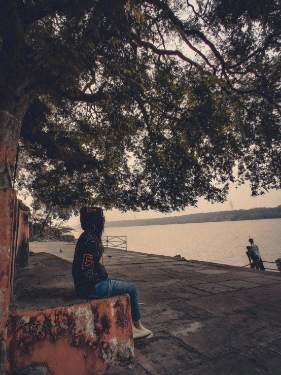 a person is sitting under the shade of a tree by the water