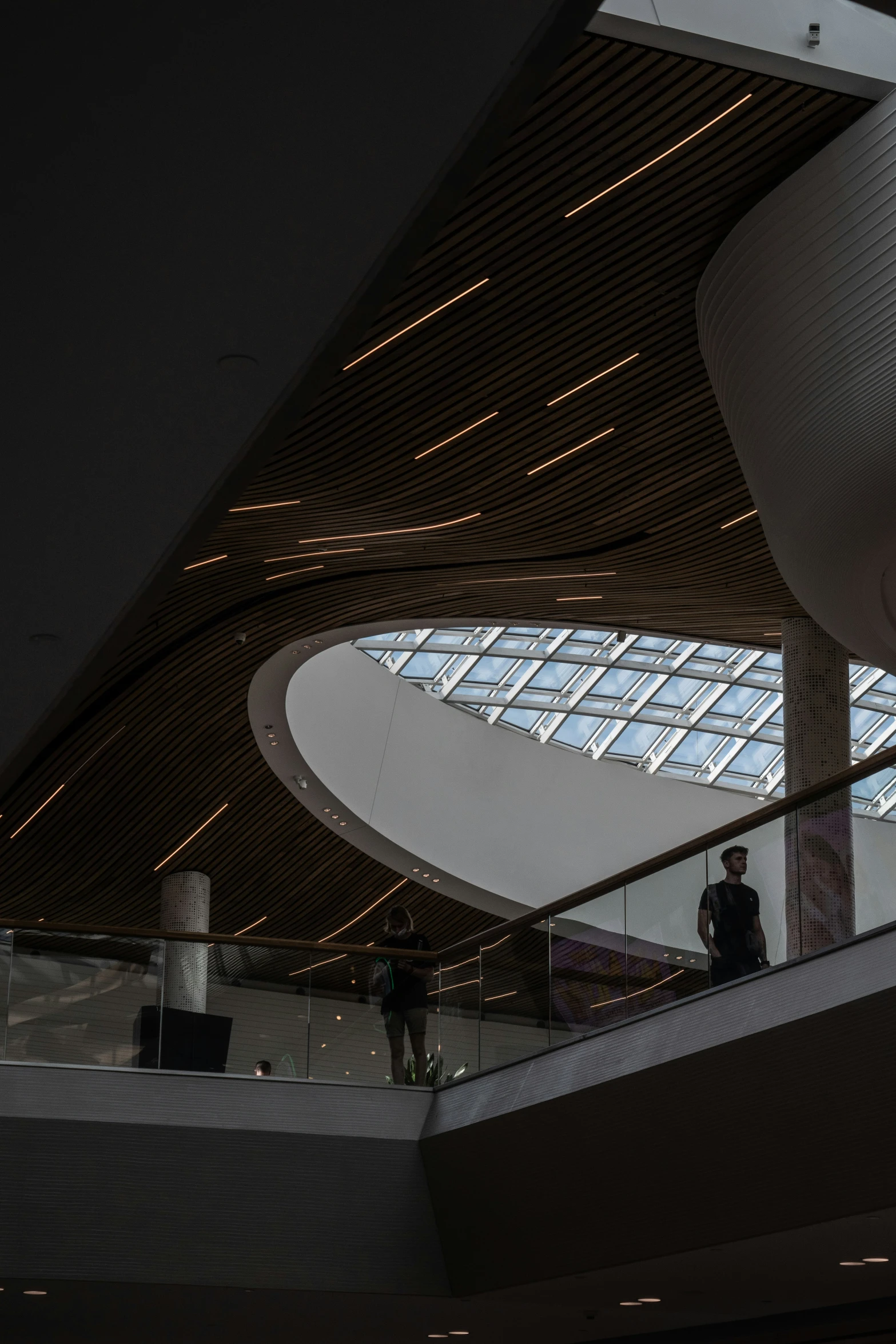 people walking down an escalator into a building