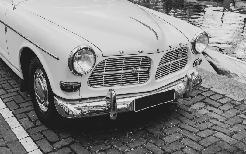 vintage black and white po of a mercedes