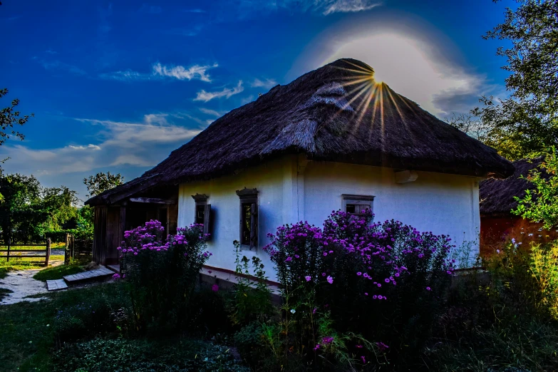 there is a small building with purple flowers