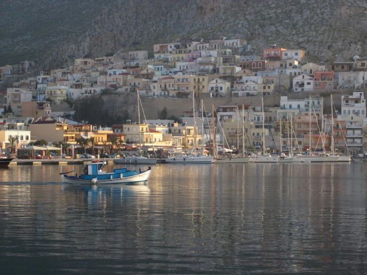 boats docked at a harbor with cityscape behind them