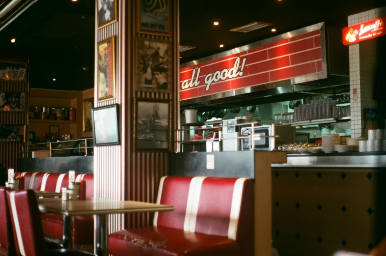 a couple of tables sitting in front of a restaurant counter