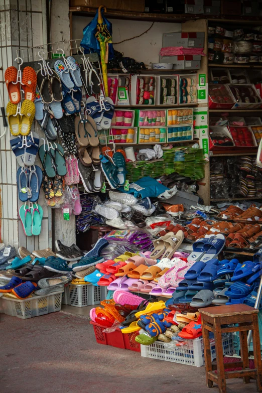 a clothing store with a variety of shoes on display