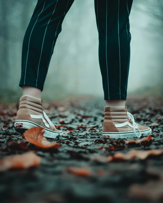 the legs and shoe of someone wearing sneakers on leaves