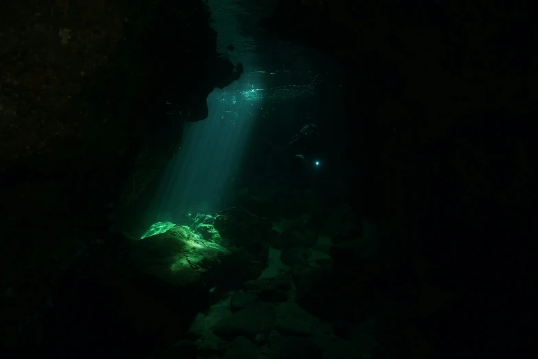 two people are in an aquarium at night with lights shining from the water