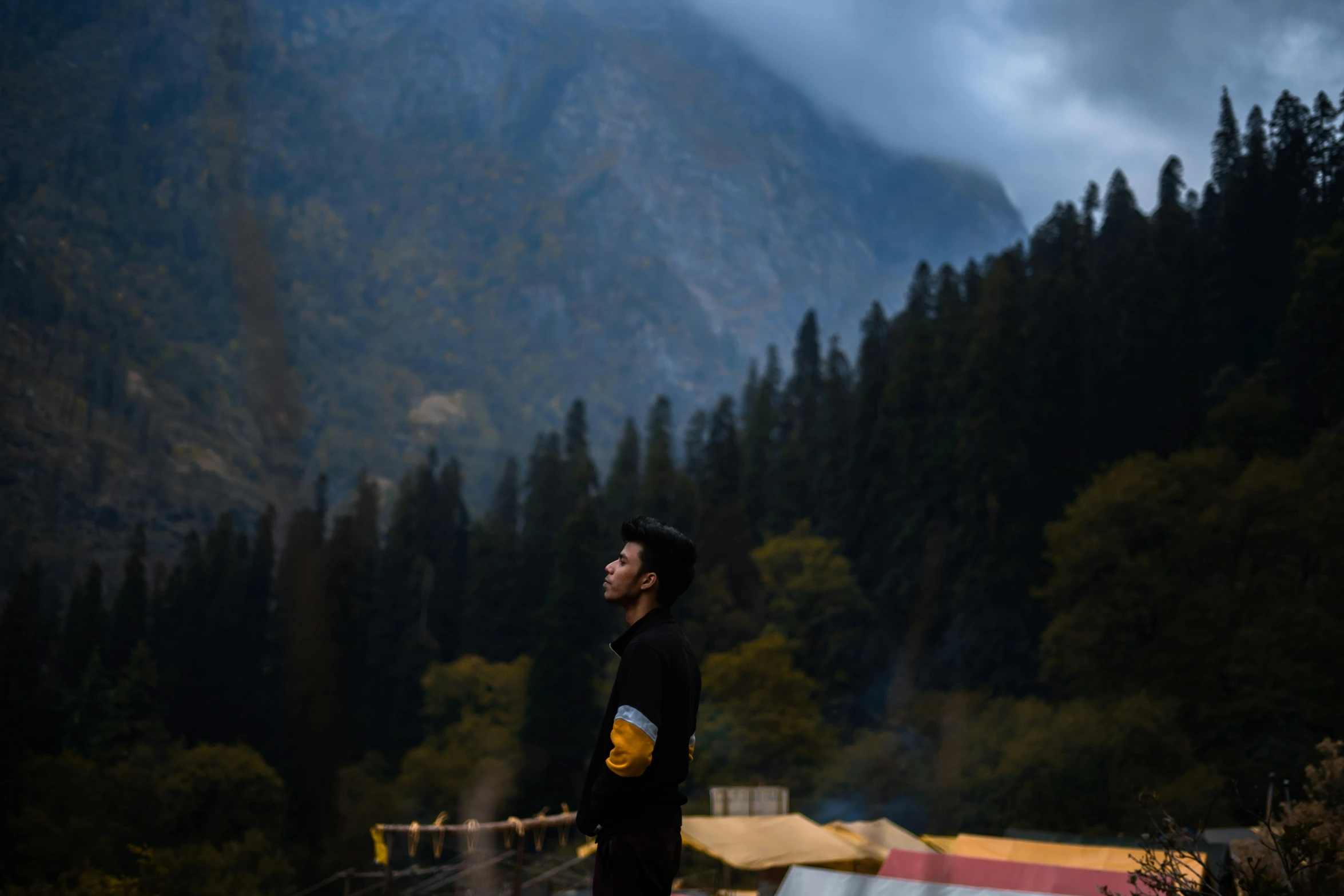 a man standing near the top of a mountain in front of a forest