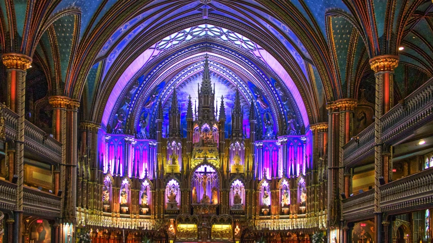 inside view of large gothic cathedral with colored lights