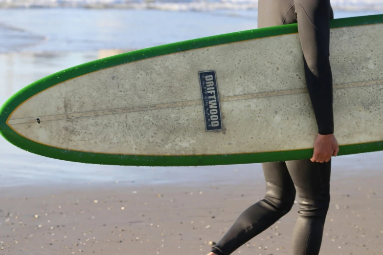 a surfer walking on the beach with his surfboard in hand