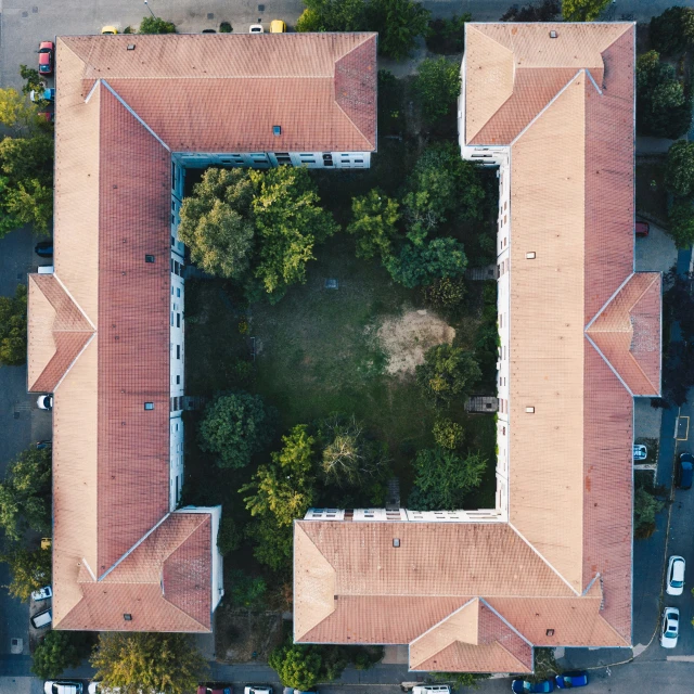 an aerial s of a red tiled roof on a house