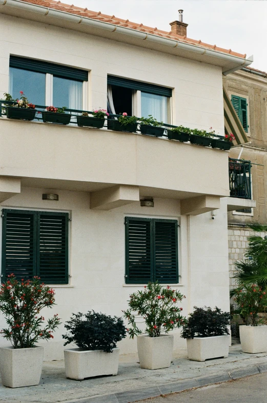 a white brick house with lots of flower potted plants