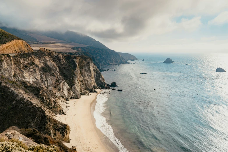 the beach is near the cliffs where there are rocks in it