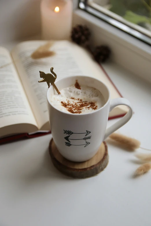 a book and a cup with milk inside