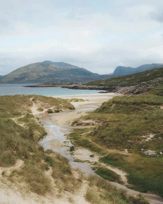 the beach in front of some mountains with water running