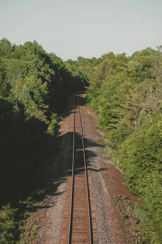 a view of train tracks surrounded by trees