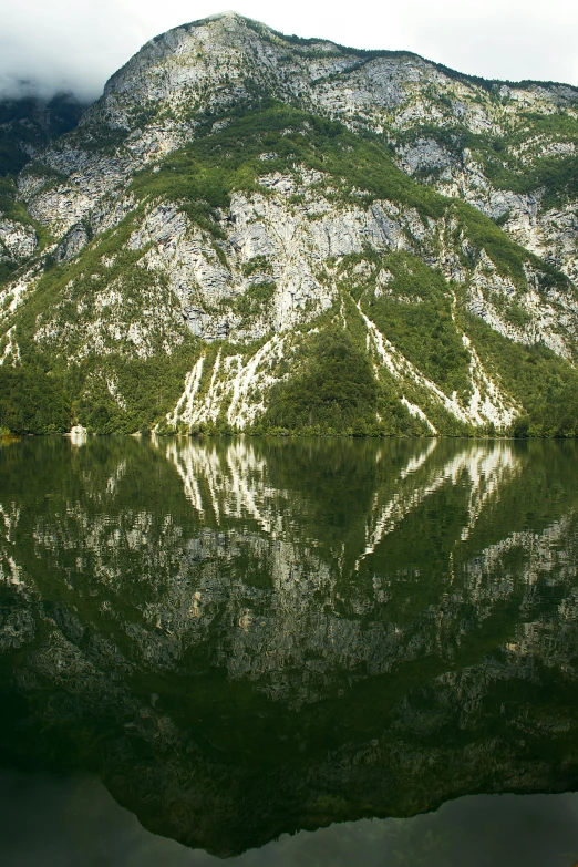 a mountain lake with green trees and a body of water in the foreground