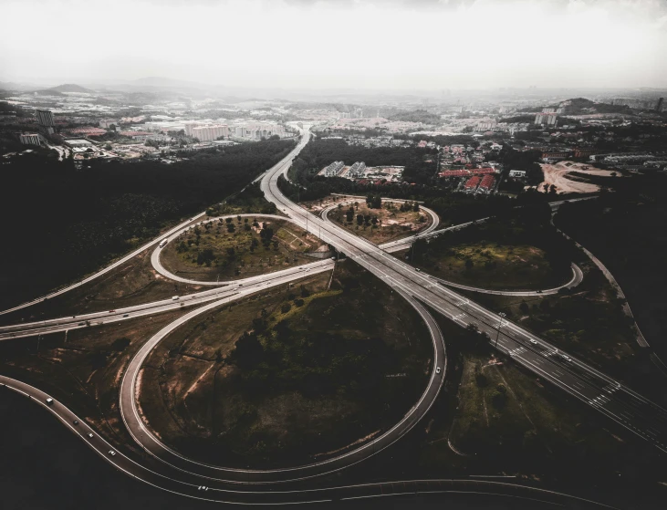 aerial view of a freeway intersection with a sky view