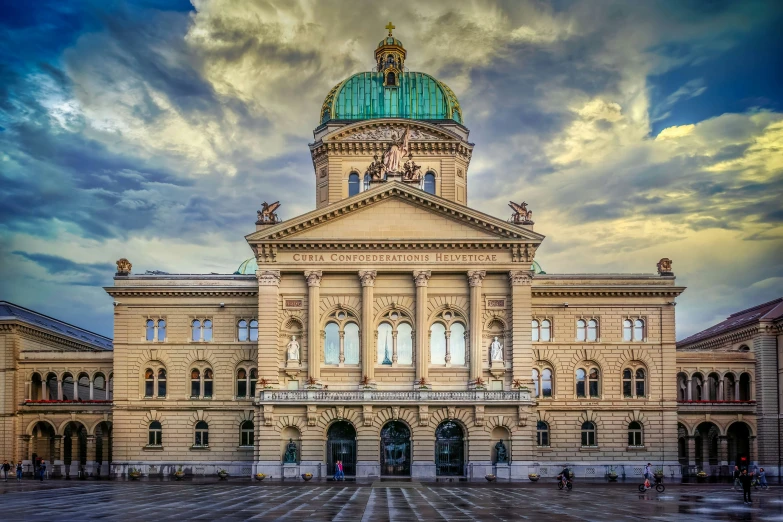 the building has green dome and two men in front of it