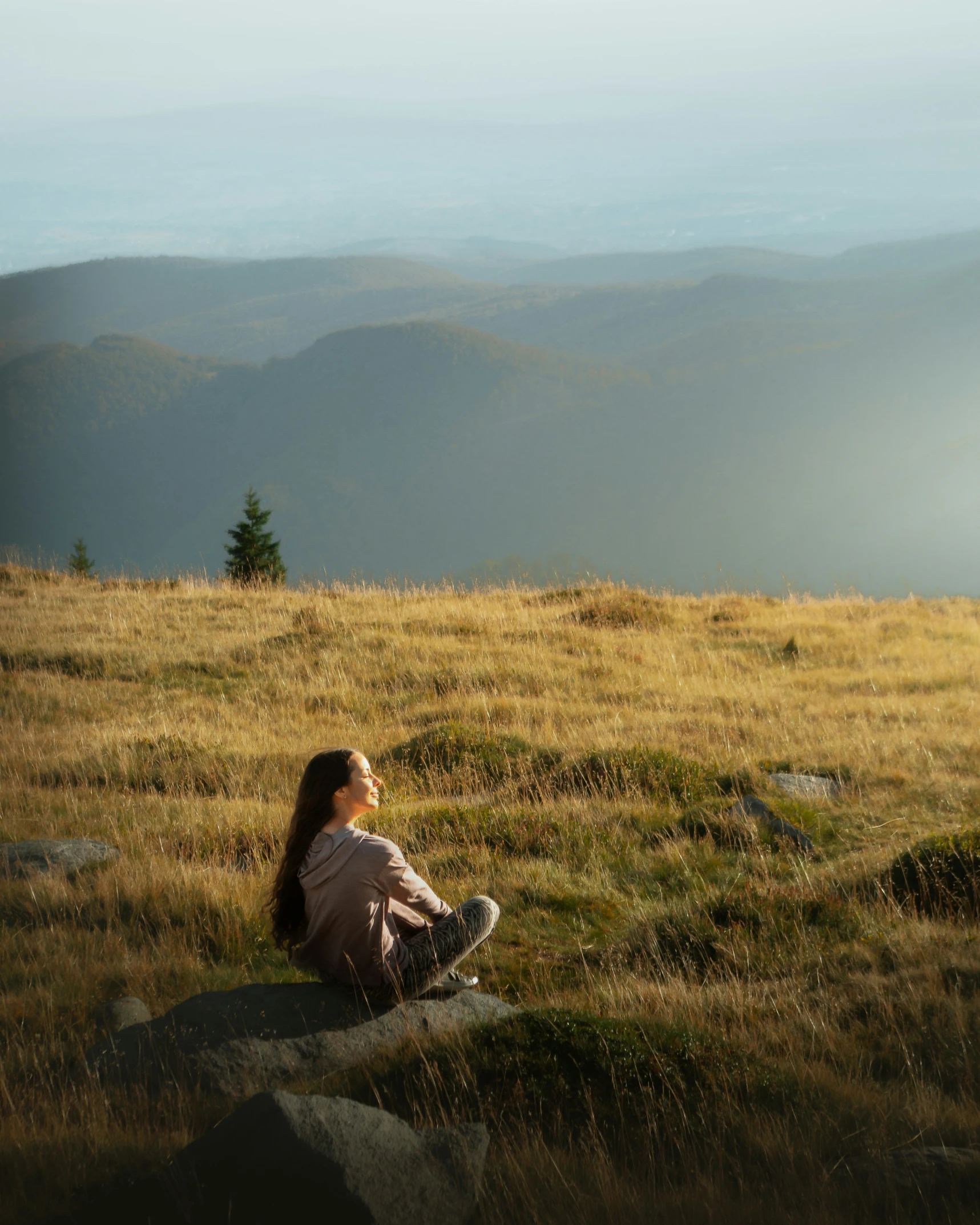 woman sitting on a rock in a meadow looking at a valley