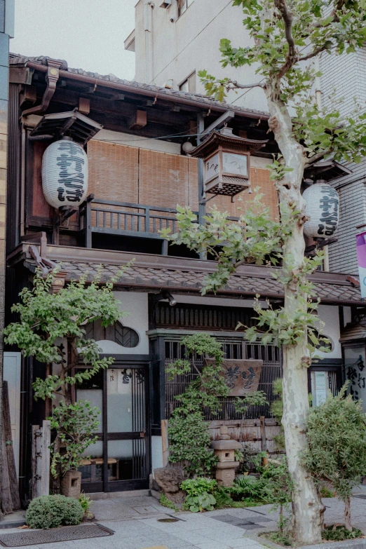 an old building with many windows and plants on the sidewalk