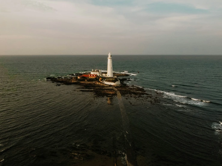 aerial s of lighthouse with waves in foreground