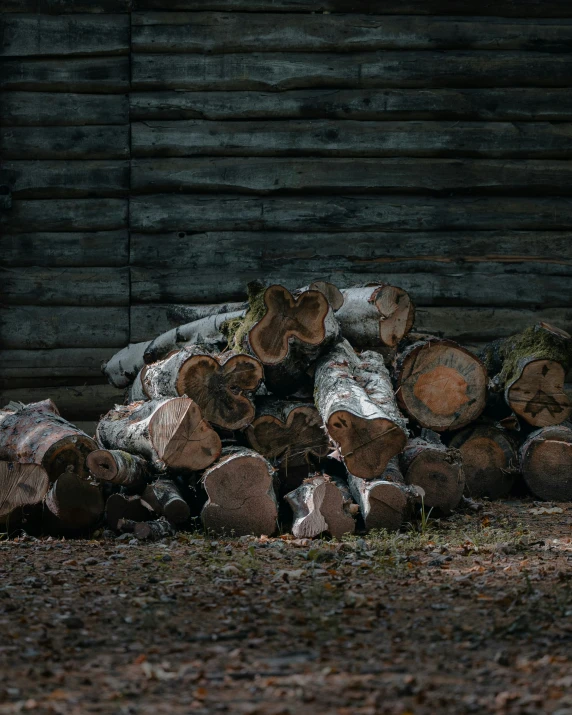 there is a large pile of logs piled together